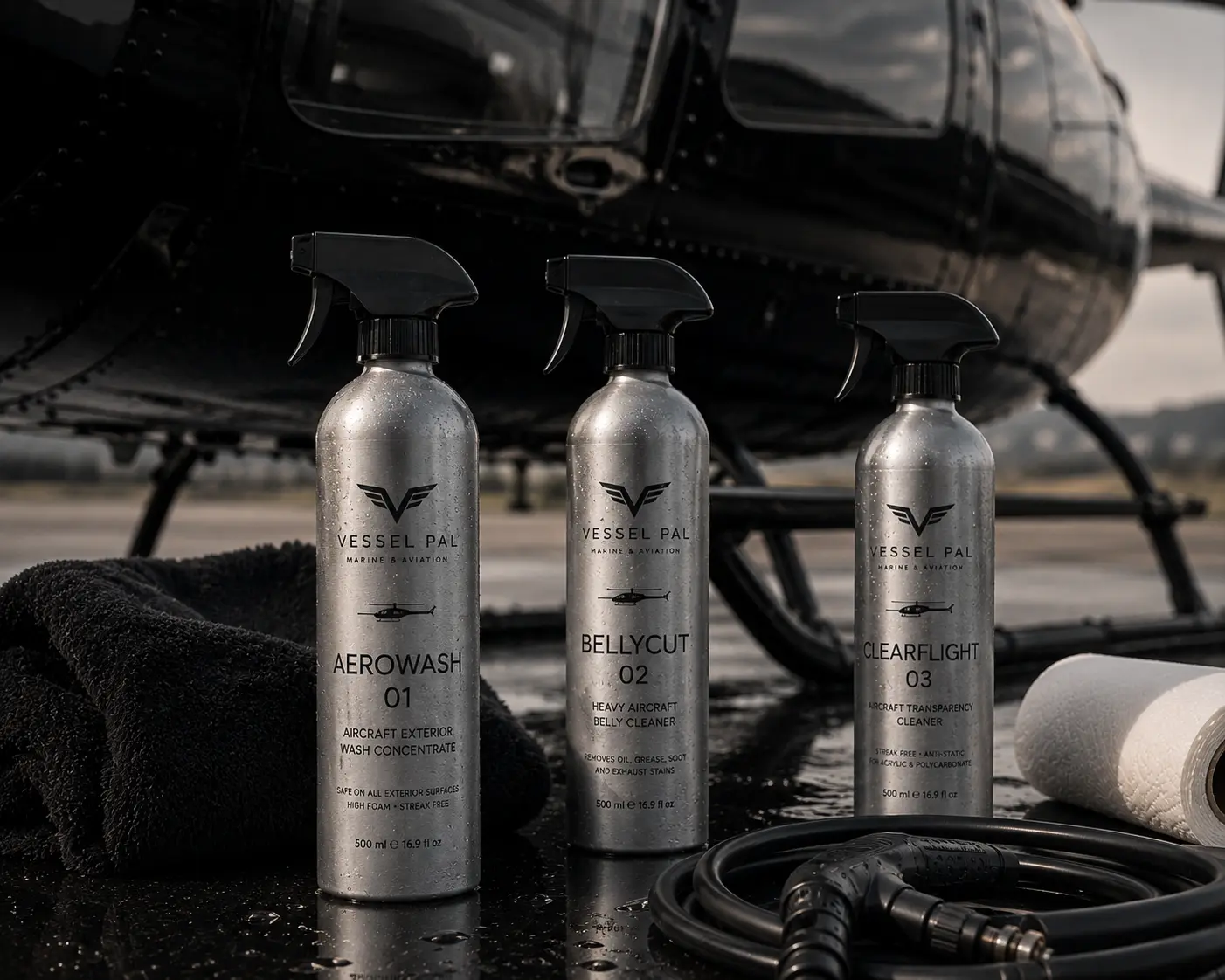 AEROWASH 01, BELLYCUT 02 and CLEARFLIGHT 03 aviation cleaning products